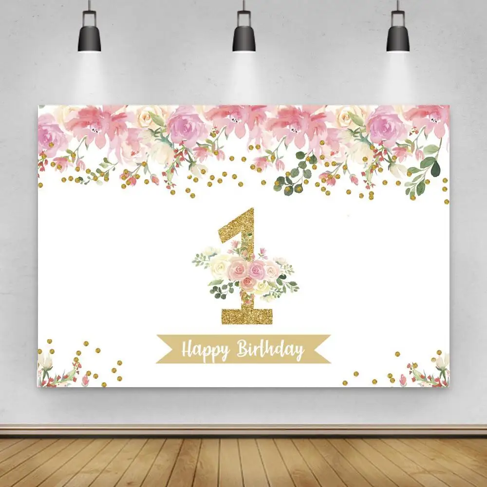 

Golden 1 2 3 Kids Birthday Floral Banner Decor Backdrops Pink Rose Princess Party Cake Table Photo Backgrounds