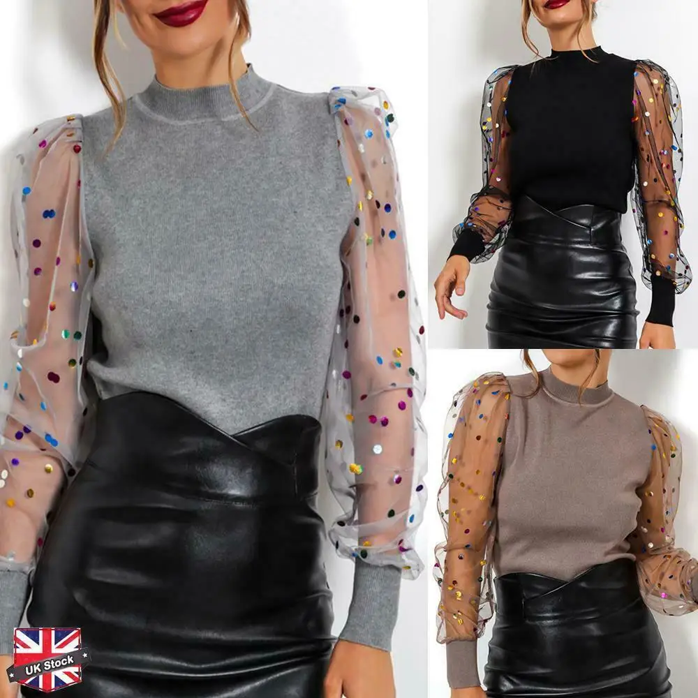 

2020 Newest Sequined Puff Sleeve Elastic Knitting Tops Womens Tops and Blouses Fashion Elegan Chiffon Mesh Polka Dot Sleeve Tops