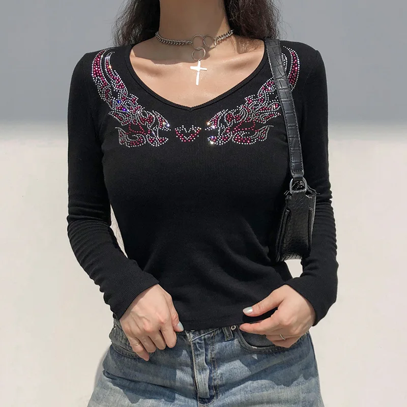 

Love Wings Rhinestone Graphic T Shirts Fairy Grunge 90's Aesthetic Clothes Black Ribbed V Neck Long Sleeve Top