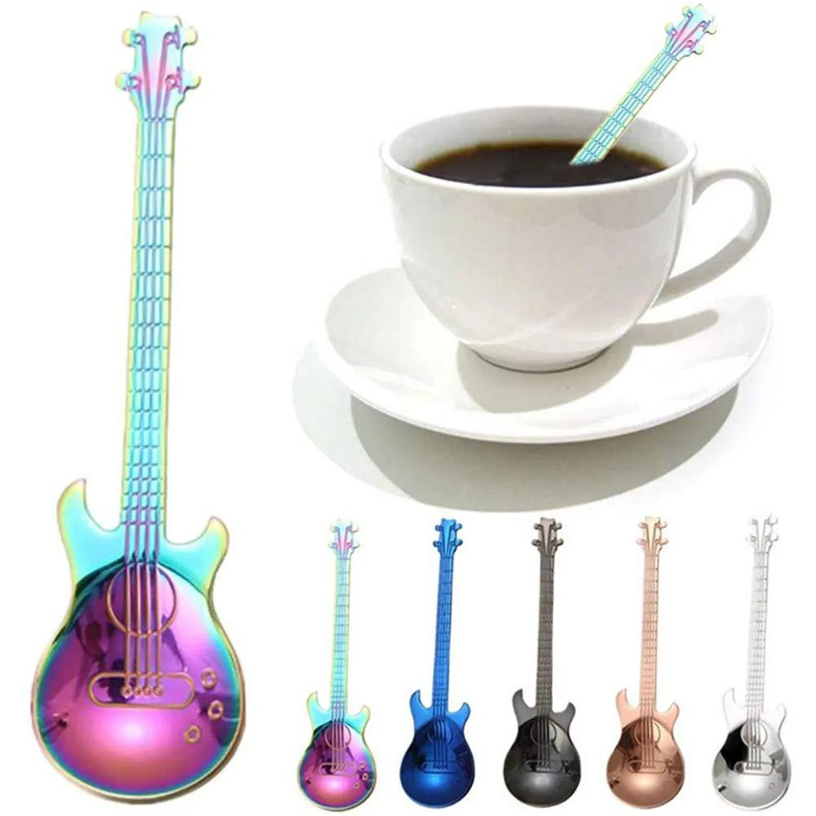 

2021 Multicolor Creative Stainless Steel Guitar Spoons Rainbow Coffee Tea Ice Spoon Flatware Drinking Tools As Gift Souvenir