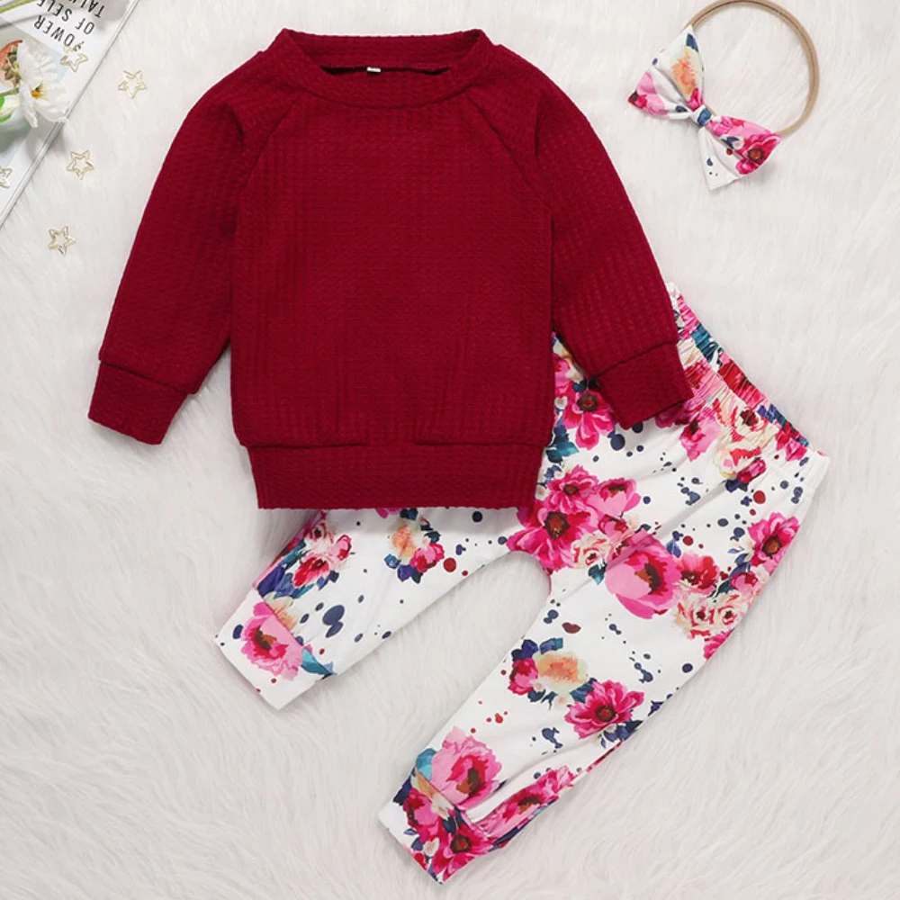 

Детский пуловер с длинным рукавом и брюки с цветочным принтом, повязка на голову, костюм-тройка, Зимние Повседневные комплекты, детская одеж...