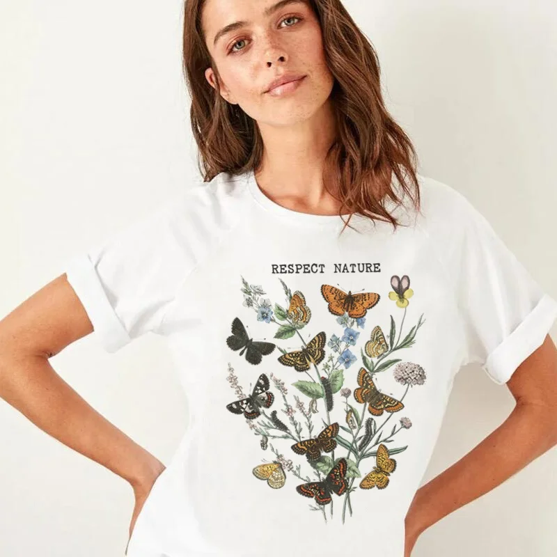 

Respect Nature Print Top Boho Aesthetic Botanical Graphic T Shirts Women T-shirts Ladies Summer Tops Cottagecore Clothes