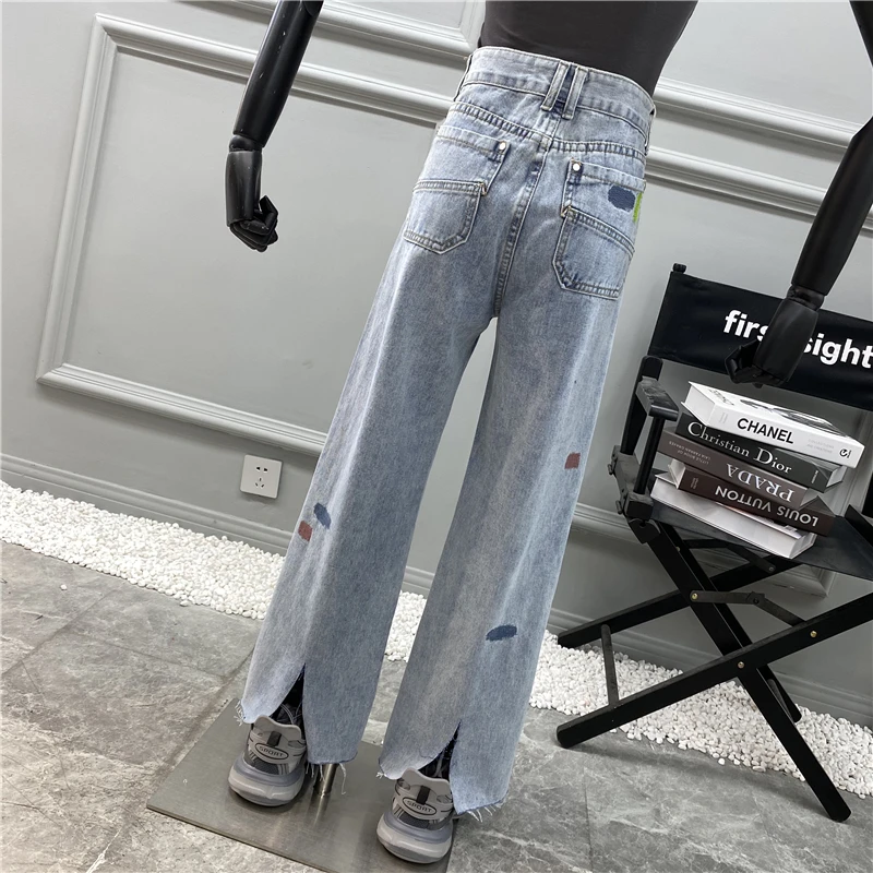 

Niche Design Fried Street Color Embroidered Jeans Tide 2021 New High-waisted Skinny Wild Wide-leg Trousers Jeans