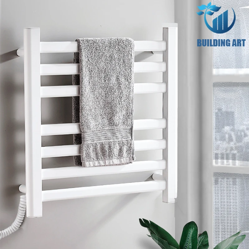 

Black Bathroom Electric Bath Towel Warmer Heating Towel Shelf Rack Household Free Of Punch Warm Dryer Shelf Heated Towel Rail