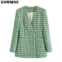 xnwmnz women 2021 fashion tweed double breasted blazer vintage v neck long sleeve jacket female outerwear chic woven woolen coat