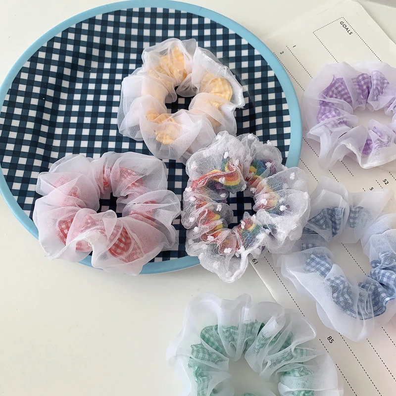 Градиентная Радужная прозрачная резинка из органзы сетчатая пряжа клетчатая