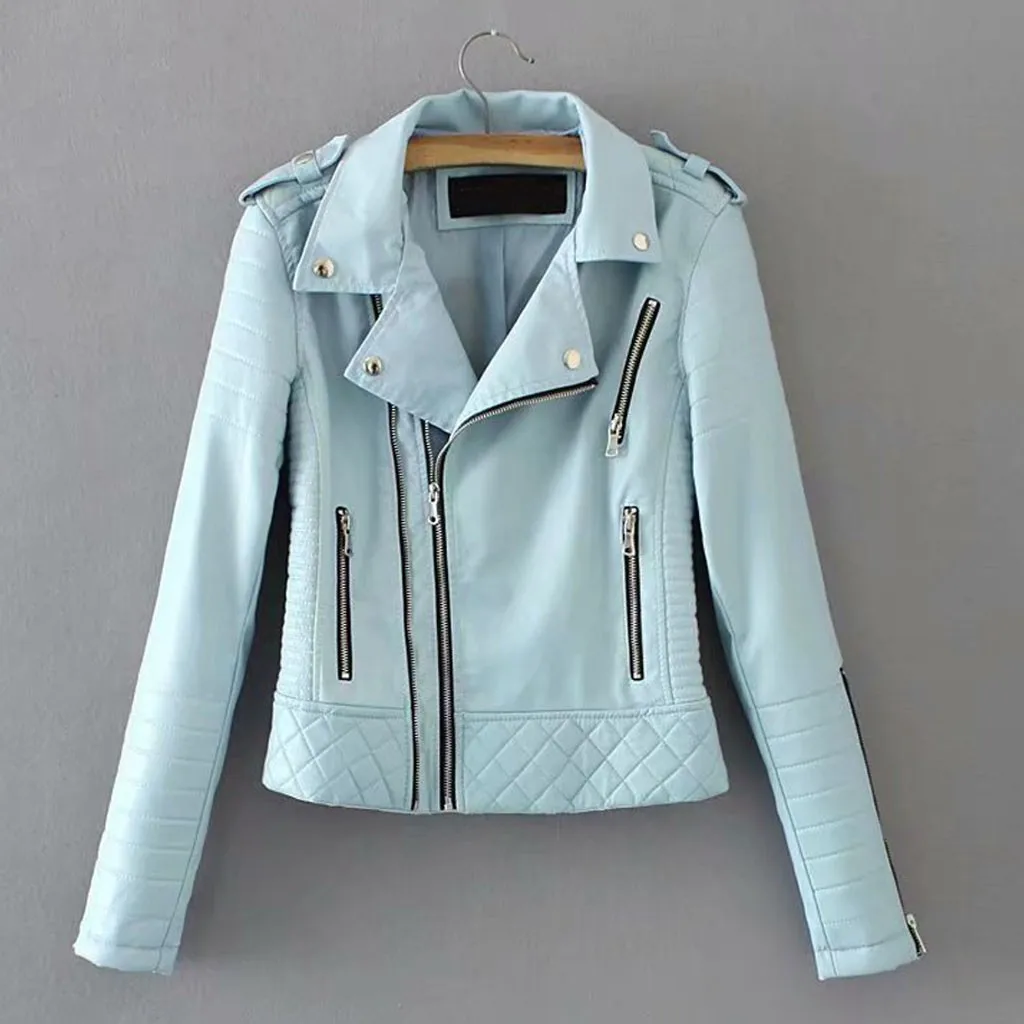 Кожаная куртка женская Повседневная однотонная с отложным воротником на молнии