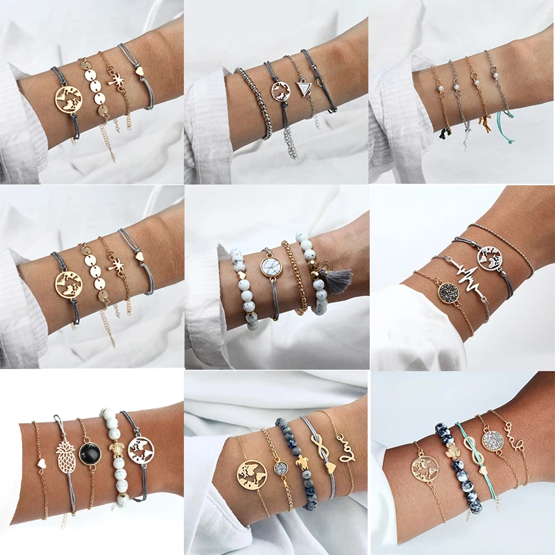 Богемский Браслет с черепахами и мраморными бусинами многослойный Регулируемый