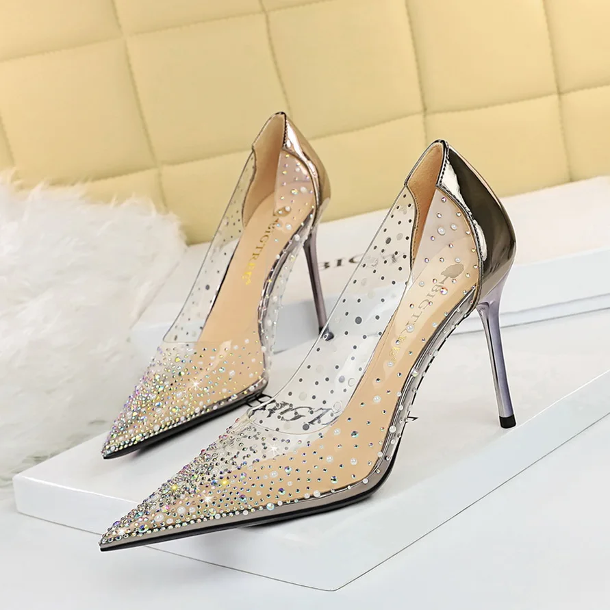BIGTREE 2022 New Crystal 10cm Heels Women Pumps Pointed Toe Thin Heels Shallow Woman Dress Weeding Shoes Bling Elegant Pumps