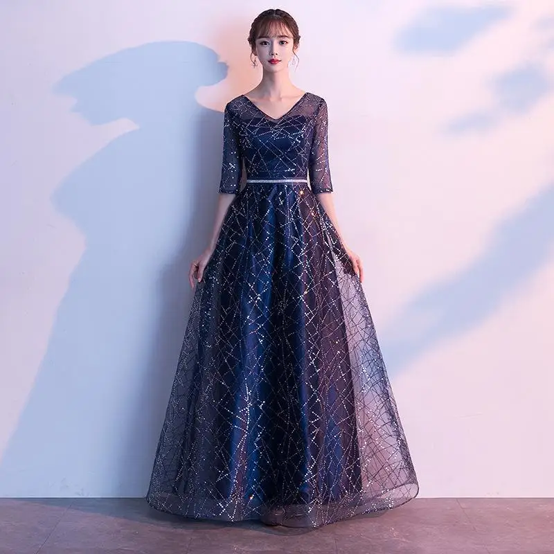 

Elegant V-neck Half Sleeve Evening Dresses Fashion Sequin Applique Floor Length Party Prom Gown Women Plus Size A-line Dress