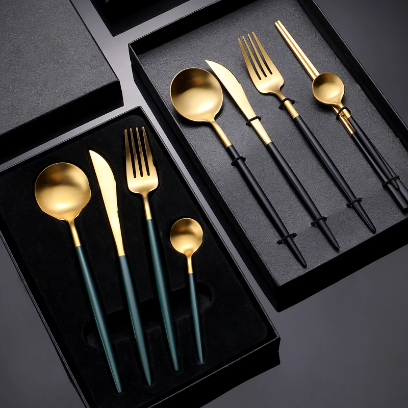

304 Stainless Steel Western Tableware Set Hotel High-end Steak Knife Fork Spoon Chopsticks Tableware Set of Five