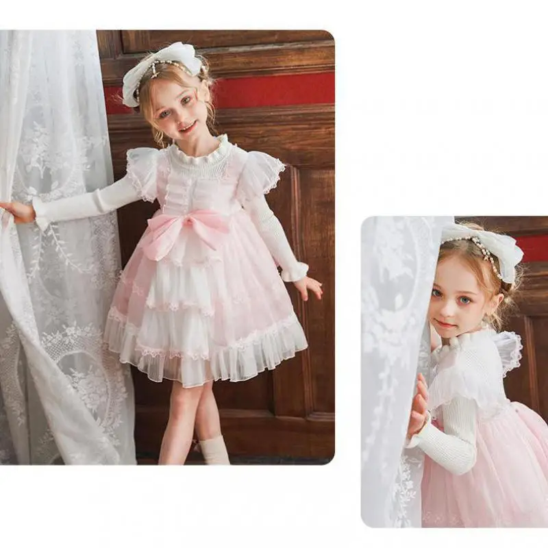 Vestido de princesa Lolita para ni&ntilde;as, ropa de punto de manga larga suelta con dobladillo de malla, para fiesta de oto&ntilde;o y Estilo de primavera, 2-10 a&ntilde;os-4