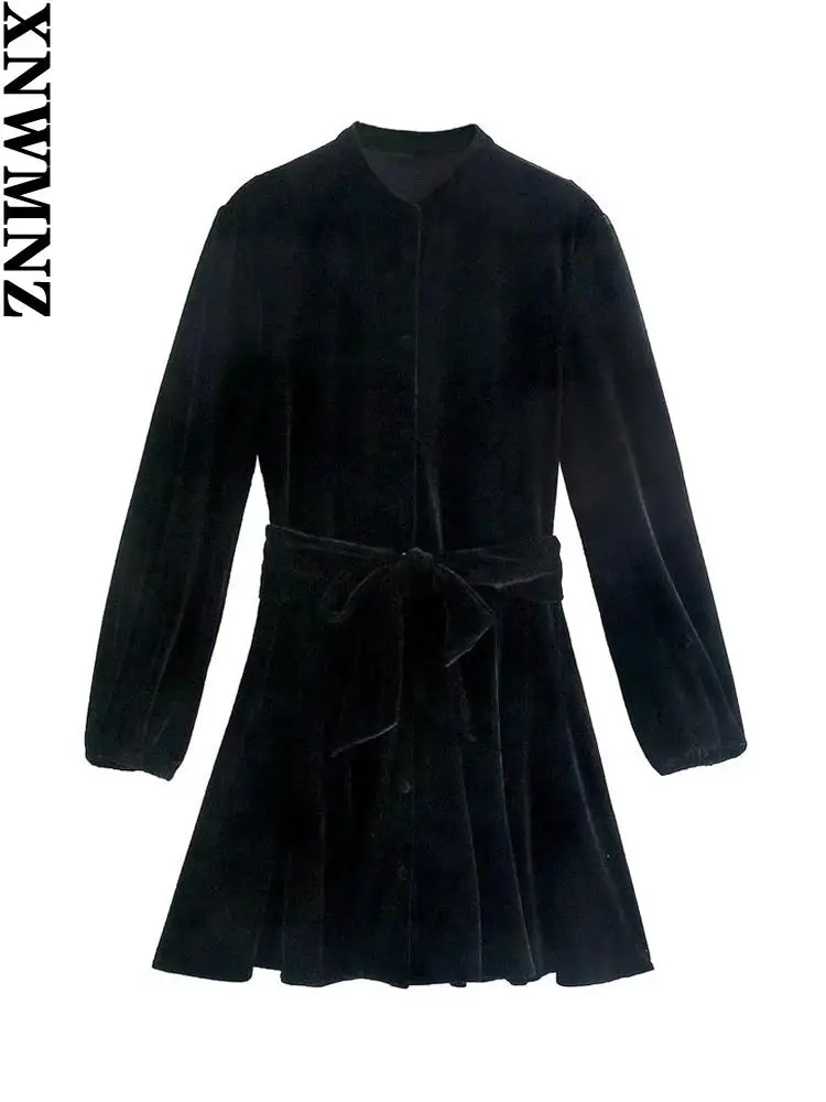 

XNWMNZ, зимнее женское платье 2022, модное бархатное мини-платье с поясом, винтажные женские платья на пуговицах с длинным рукавом, vestidos mujer
