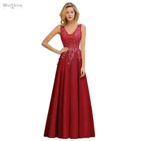 sleeveless long evening dress 2020 burgundy sequins formal gown a line v neck lace applique robe de soiree