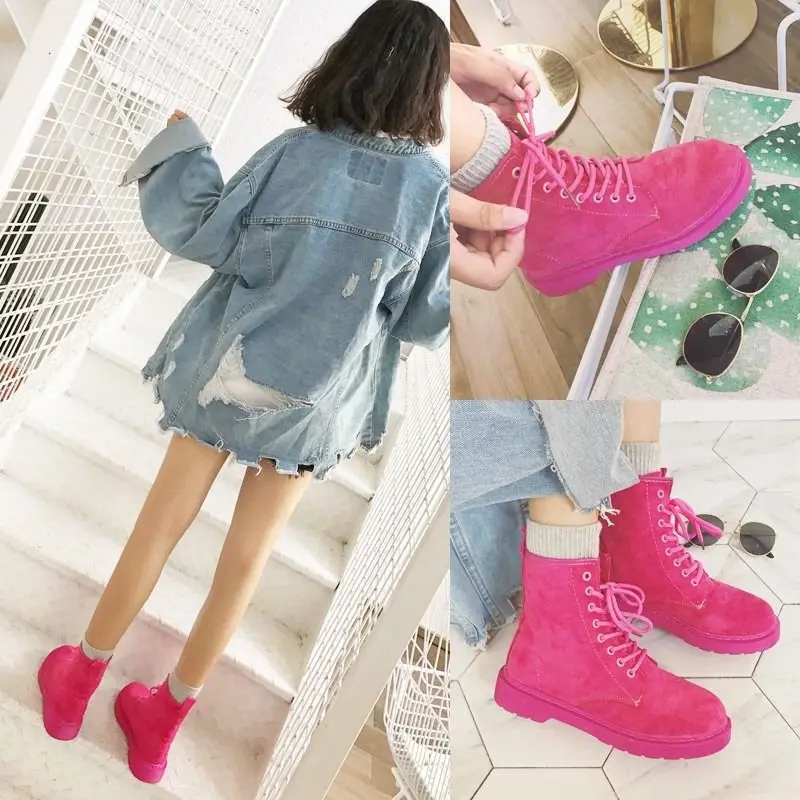 

Shoes Woman New Style Rose Red Dull Polish Casual Women Martin Boots Chunky Heel Flat Hight-top Lace-up Luxury Fashion Big Size