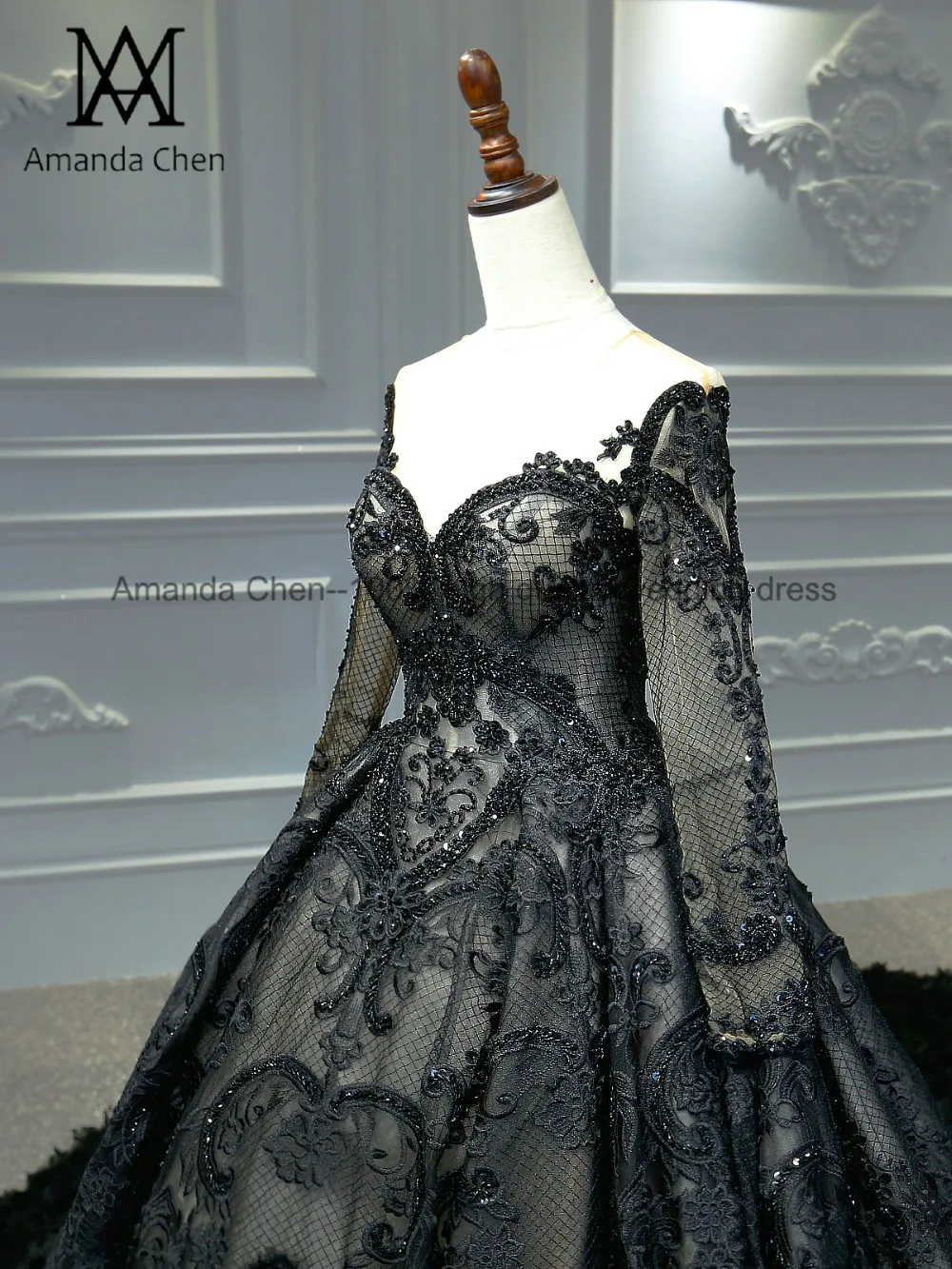 Халат mariage Женский, с длинным рукавом роскошный платья со шлейфом Кружева свадебное платье черный