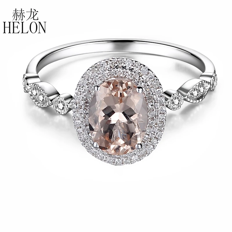 

HELON Solid 14K White Gold AU585 Certified Oval Natural Morganite & Diamonds Engagement Ring Women Wedding Romantic Gift Jewelry