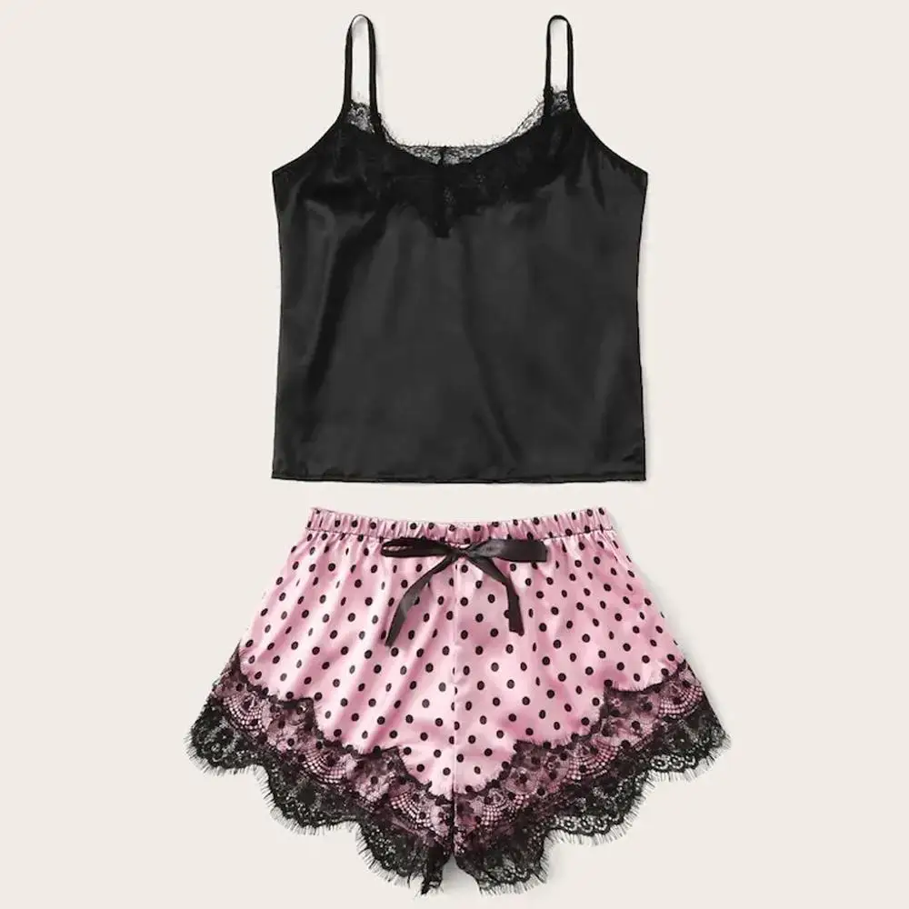 Женская сексуальная шелковая атласная пижама с принтом в горошек комплект виде