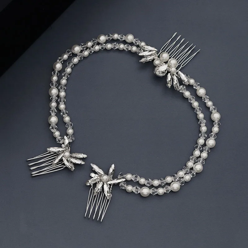 Женский гребень для волос SLBRIDAL серебристые Стразы с кристаллами и жемчугом