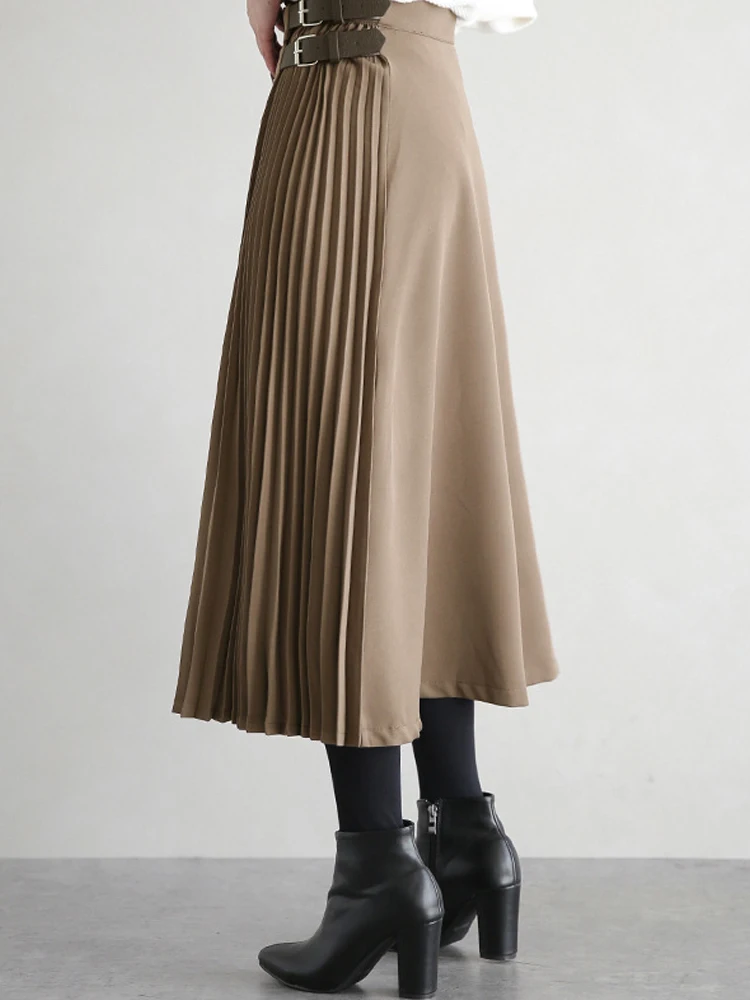 Autumn Winter Irregular Sashes Mid Calf Women Pleated Skirt Pleated Skirt Vintage High Waist Casual Skirts Female Faldas New