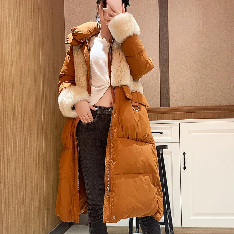 

Goose down jacket women mid-length stitching fur lamb fur coat light goose down jacket women