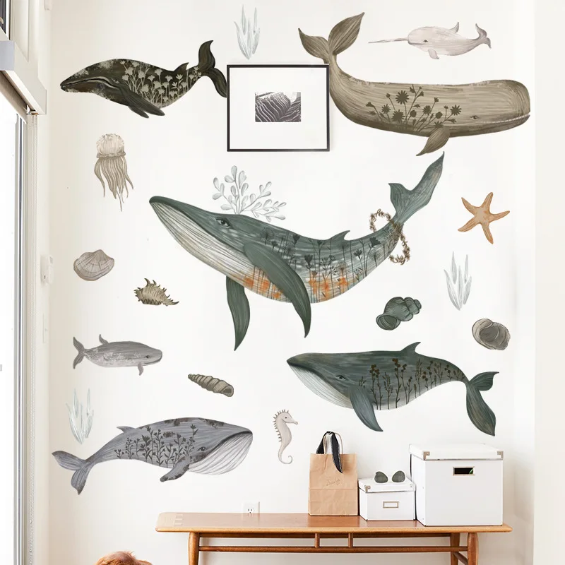 

Nordic Whale Wall Stickers for Kids room Nursery Kindergarten Wall Decor Marine life Boys Children Bedroom Home Decor Sticker