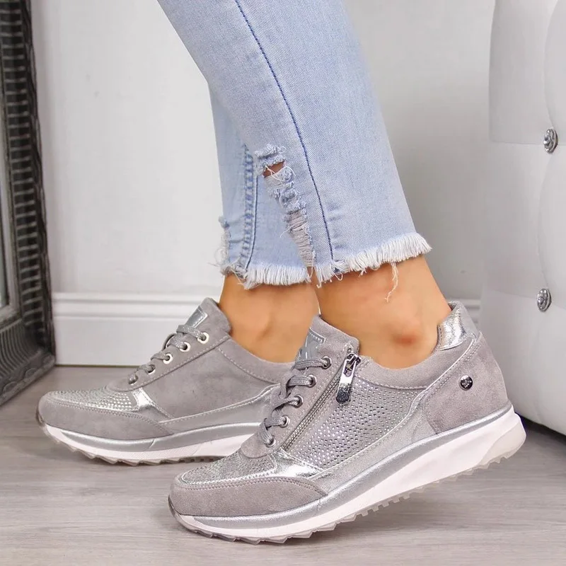 

Women Sneakers Ladies Elastic Thicken Heel Running Shoes zipper Leather Platform Trainers Tenis Feminino 2019 Zapatos De Mujer