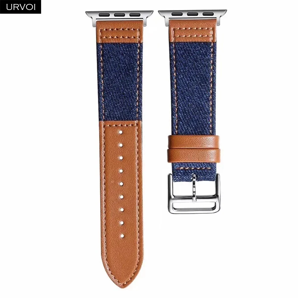 D blue Brown URVOI джинсовая лента для Apple Watch 5 4 3 2 1 кожа с джинсовым ремешком для iwatch полотно холста 40 мм 44 мм Прочный с адаптером - Цвет ремешка: D blue Brown