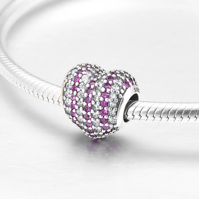 Модное роскошное сердце из стерлингового серебра 925 с блестящей полоской розового цвета из финских бусин, подходящее для оригинальных европейских браслетов-чармов.