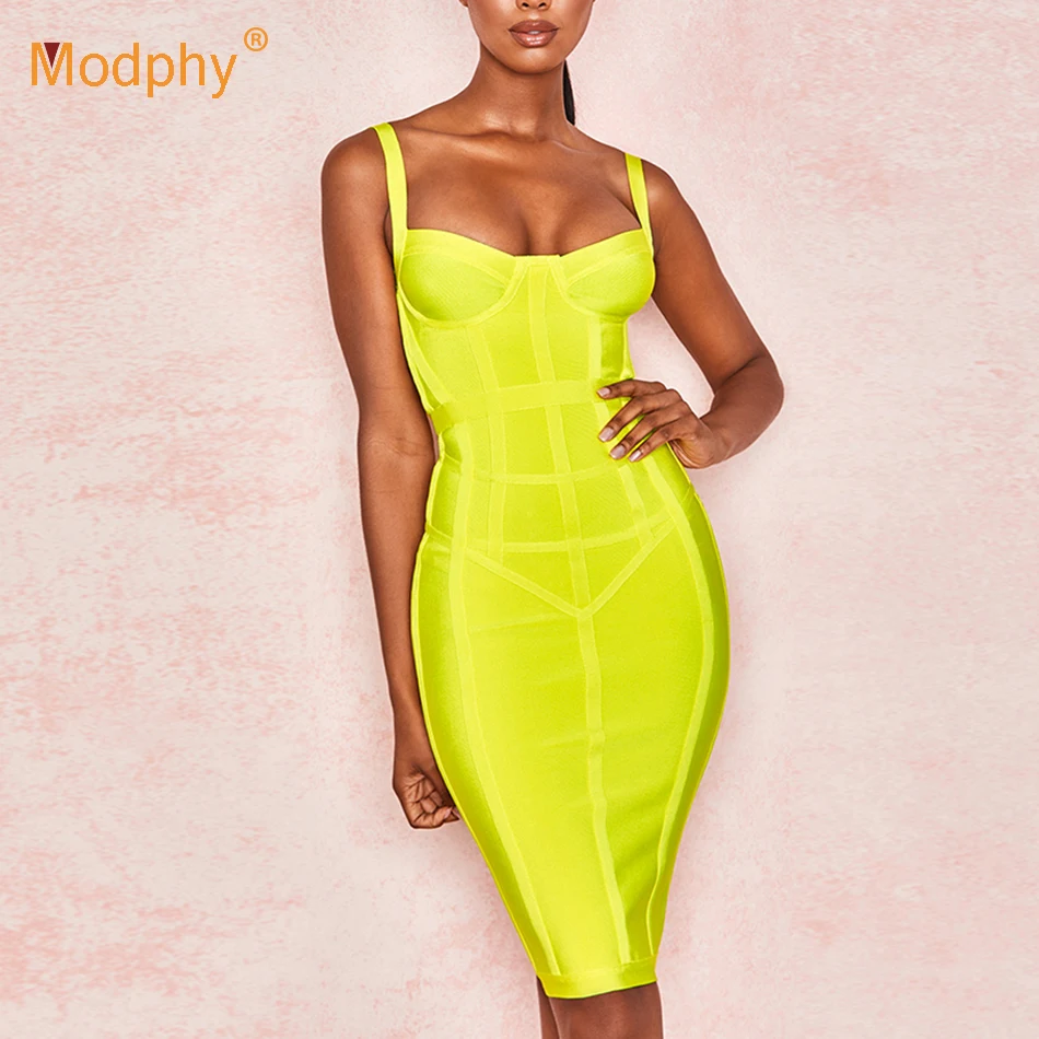 Женское облегающее платье миди ярко желтое Клубное вечернее спагетти без