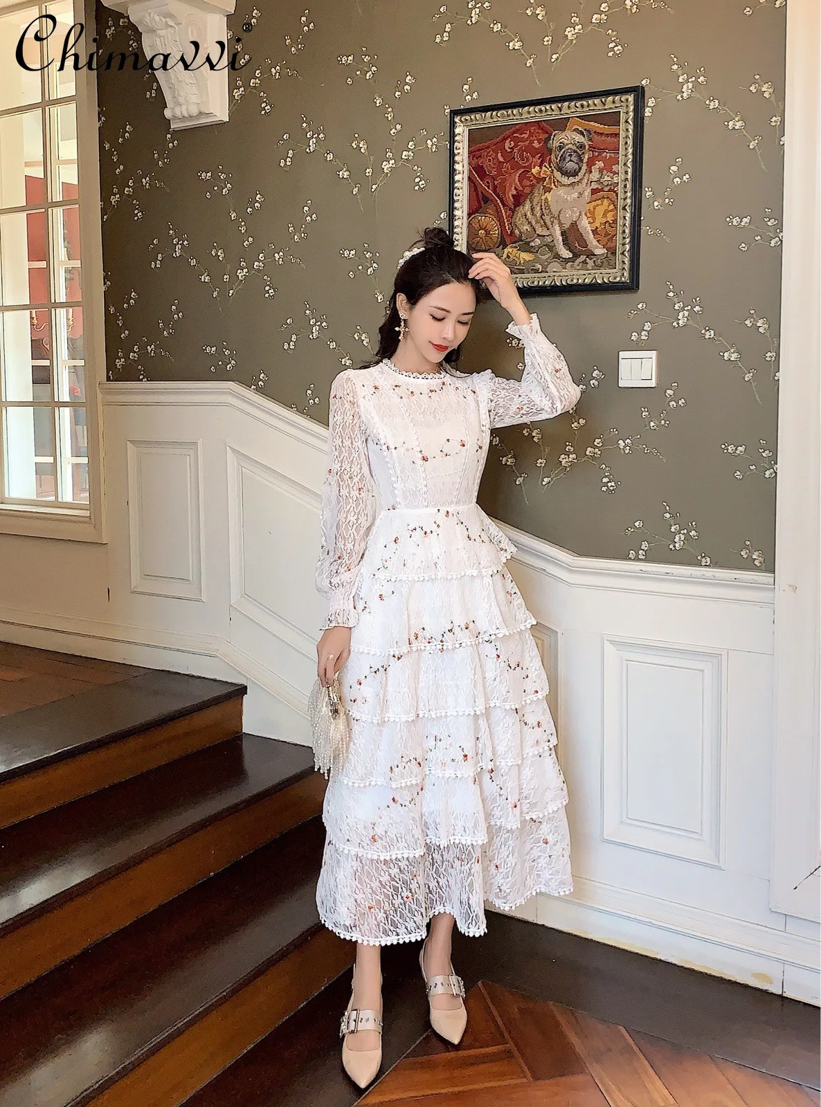 

Vintage Lace Embroidered Dresses for Women 2021 Spring and Summer Slim Waist Multi-Layer Lace Cake Dress Long Dress New
