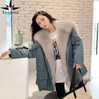 leiouna thick casual women winter warm faux rabbit fur liner parka coats female jackets coats fox fur collar hood outwear