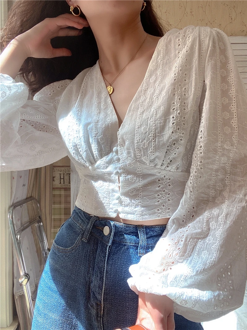 

French retro V-neck fairy embroidery cut out lace shirt with western style sun protection long sleeve
