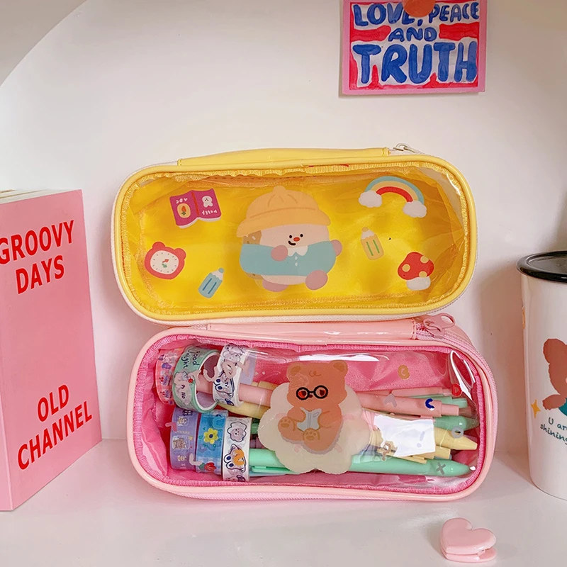 

Кавайный медведь, Прозрачная ПВХ сумка для карандашей, мультяшный чехол для карандашей, косметика для девочек, школьные принадлежности, кан...