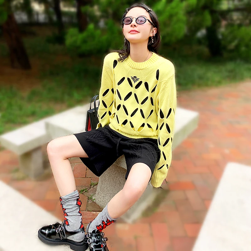 

2021 Women's Autumn Winter Sweater Chic Hollow Out Casual Loose Lady Sweaters Kawaii Knitted Pullover Top Pull Femme SL423