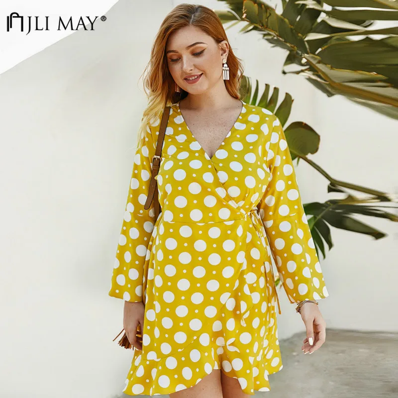 Женское платье в горошек JLI MAY винтажное с v образным вырезом и длинным рукавом а