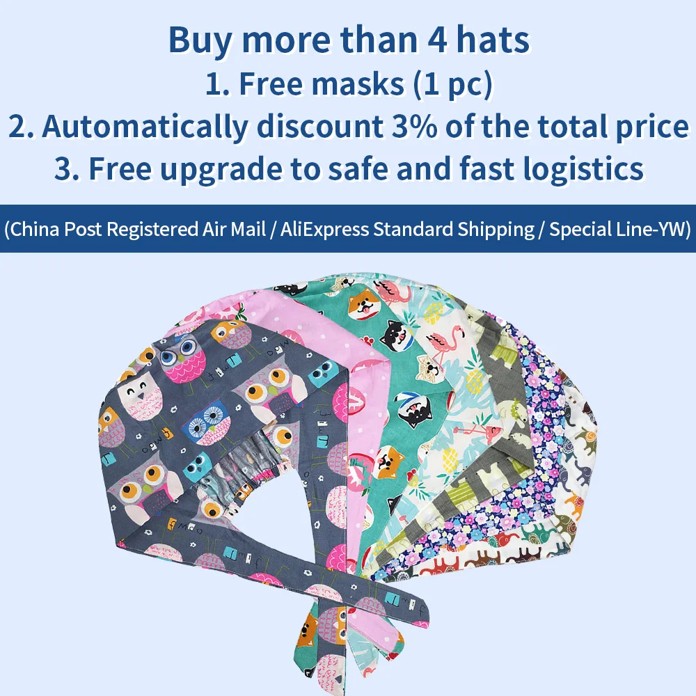 

high-quality cotton cartoon print frosted hat laboratory work cap unisex pet grooming work cap sweat-absorbent sanitary dust cap