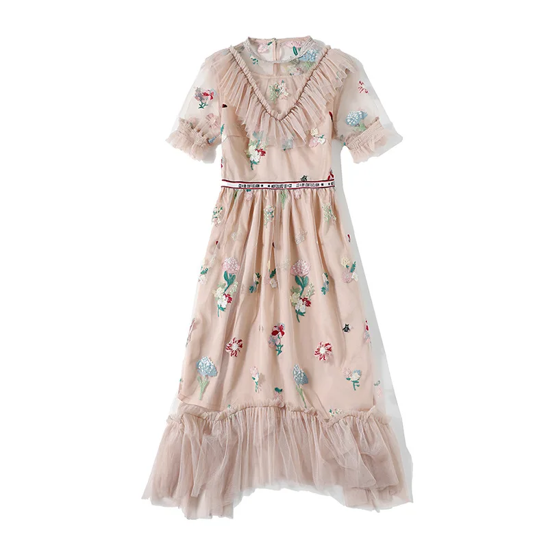 

Ruffle Mesh Dresses 2021 Summer New Women Embroidery Dress Party Club Princess Dress