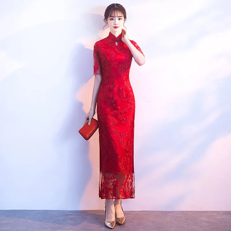 

Chinese Traditional Red Lady Cheongsam Woman Slim Long Qipao Vintage Embroidery Lace Dress cheongsam qipao dress