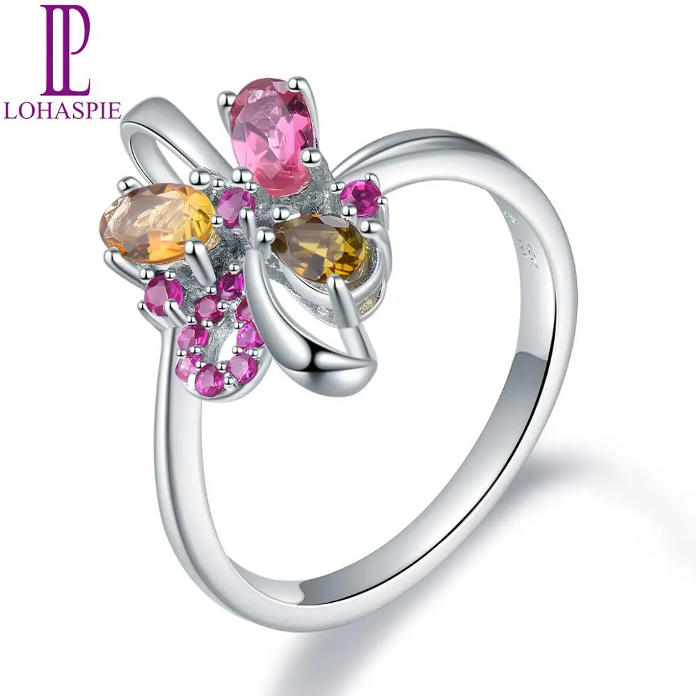 Женское кольцо золотистого цвета LP 18 карат белого с разноцветным турмалином и