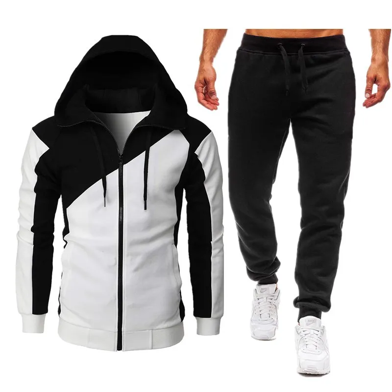 

Autumn Winter Matching Color Men Sportswear Sets Casual Zipper Hoodies Sweatshirts + Sweatpants Suit Hooded Tracksuit For Men