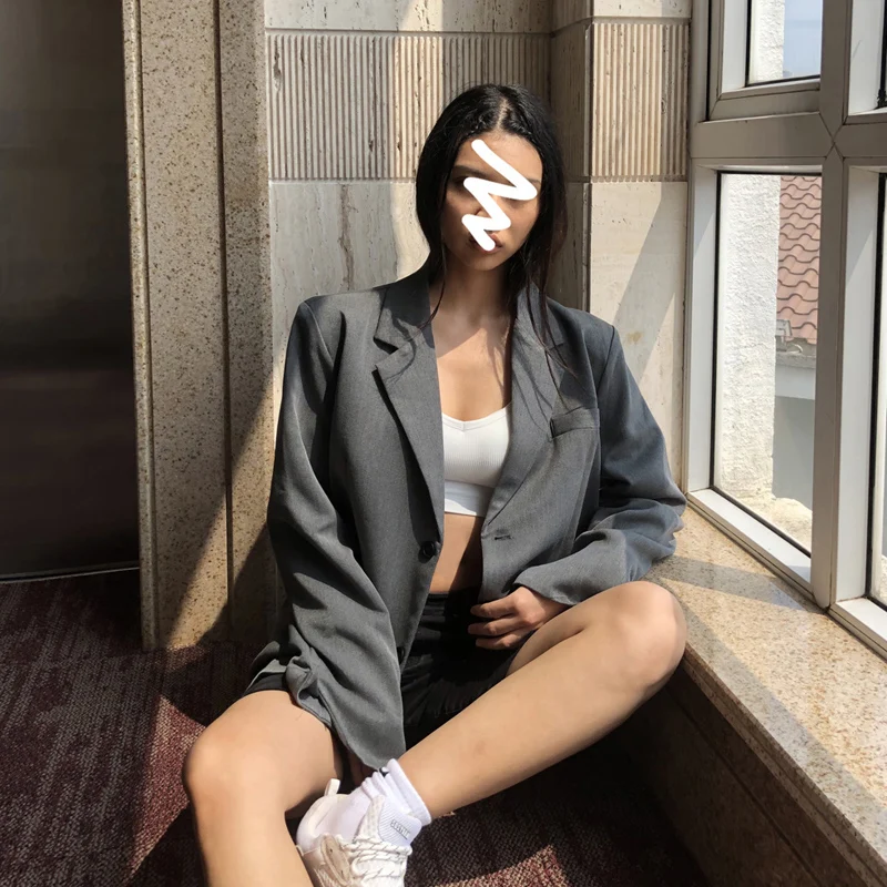 

2020 New Fashion Solid Color Lapel Blazer Women Elegant Vintage Casual Loose Temperament Coat Tide