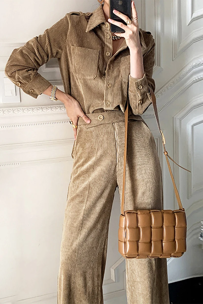 

Stylish Chic Corduroy 2 Pieces Sets Women Single-breasted Tops & High Waist Loose Straight Pants 2021 Spring Female Set