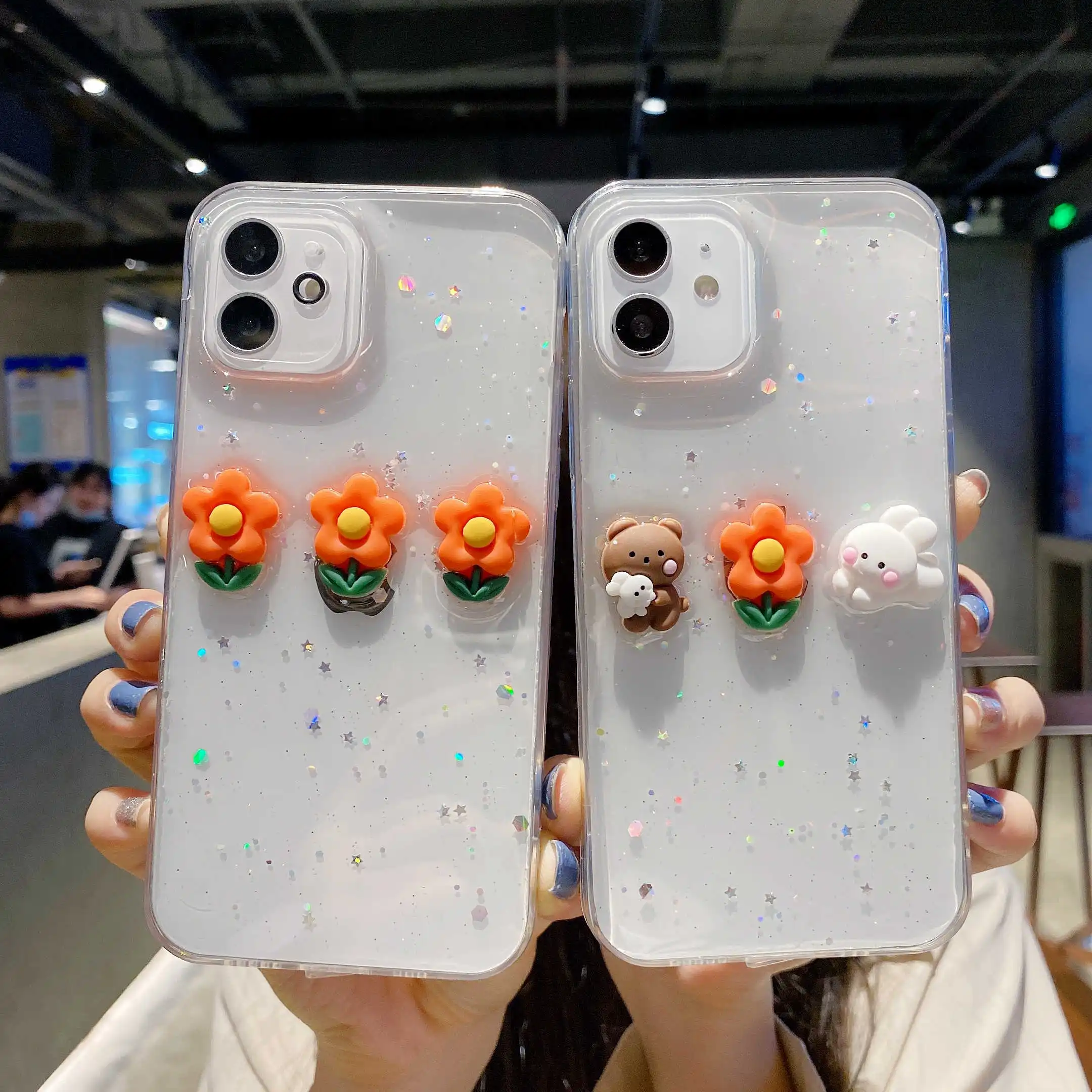 

3D Floral Cute Simple Little Bear Rabbit Design Transpare Phone Cover for Iphone 11 12 Pro Max 7 8p Xs Xr Girl Phone Soft Cases