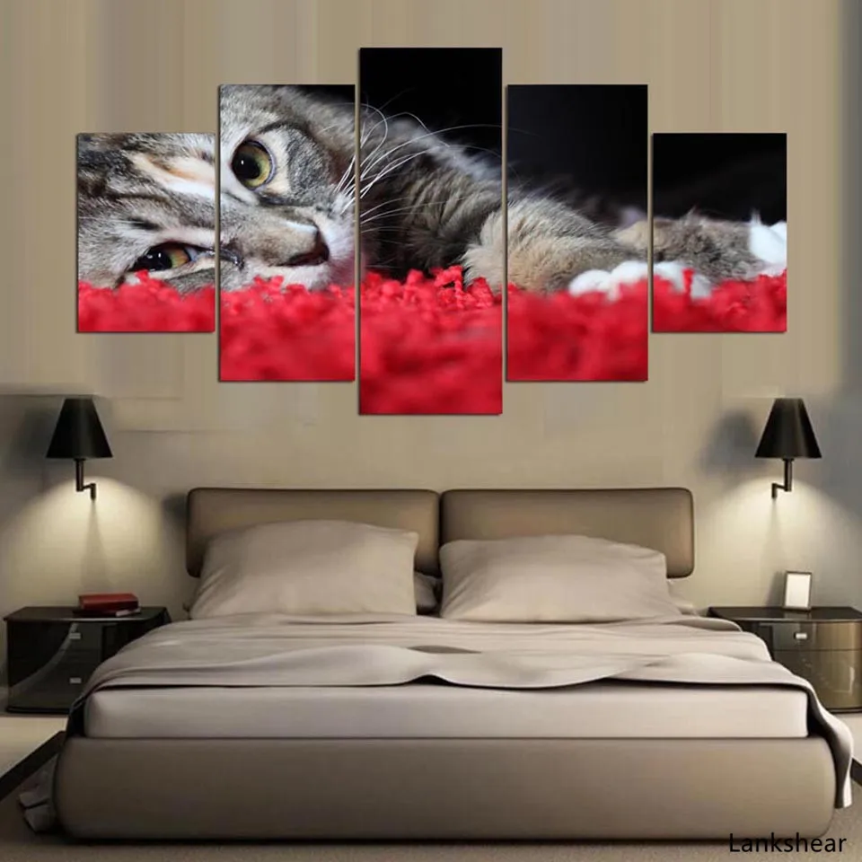 Современная живопись HD Печать на холсте 5 панелей милая кошка животное украшение