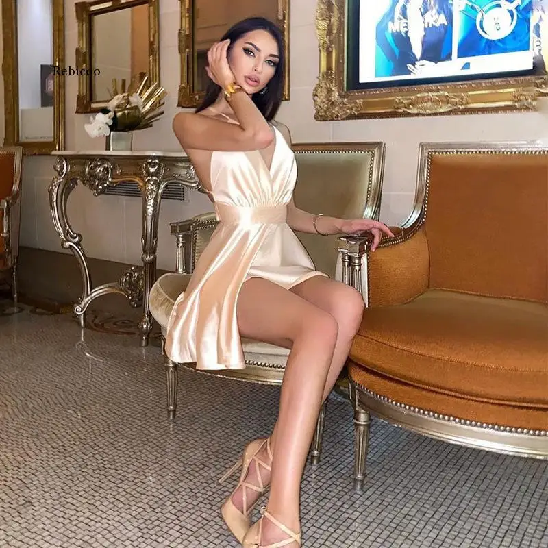 

Satin Sexy Backless Sleeveless Party Night Club Wrap Mini Dresses Spaghetti Straps Elegant Dress Solid Vestidos