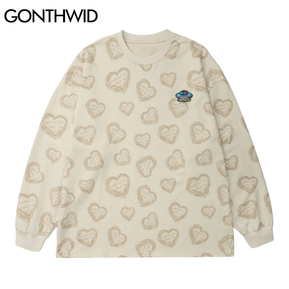 

Футболка GONTHWID с длинным рукавом, рубашки в стиле хип-хоп, Харадзюку, вышивка, космический корабль, принт сердец, хлопковые повседневные своб...