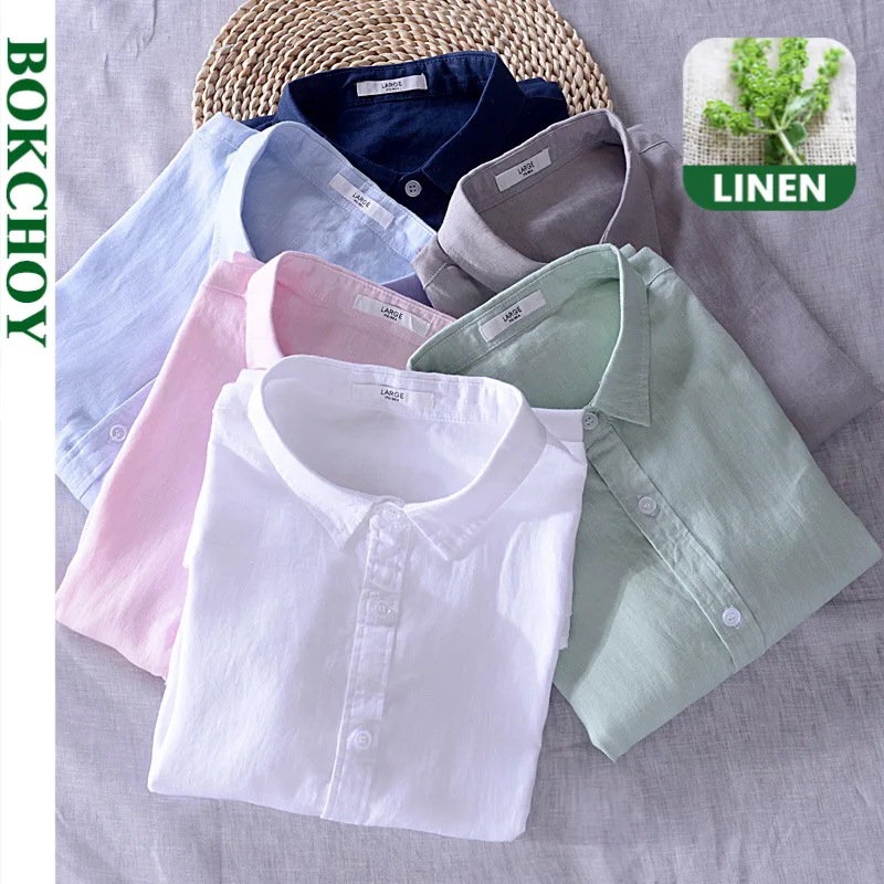 Рубашка мужская из чистого льна простая повседневная льняная с короткими