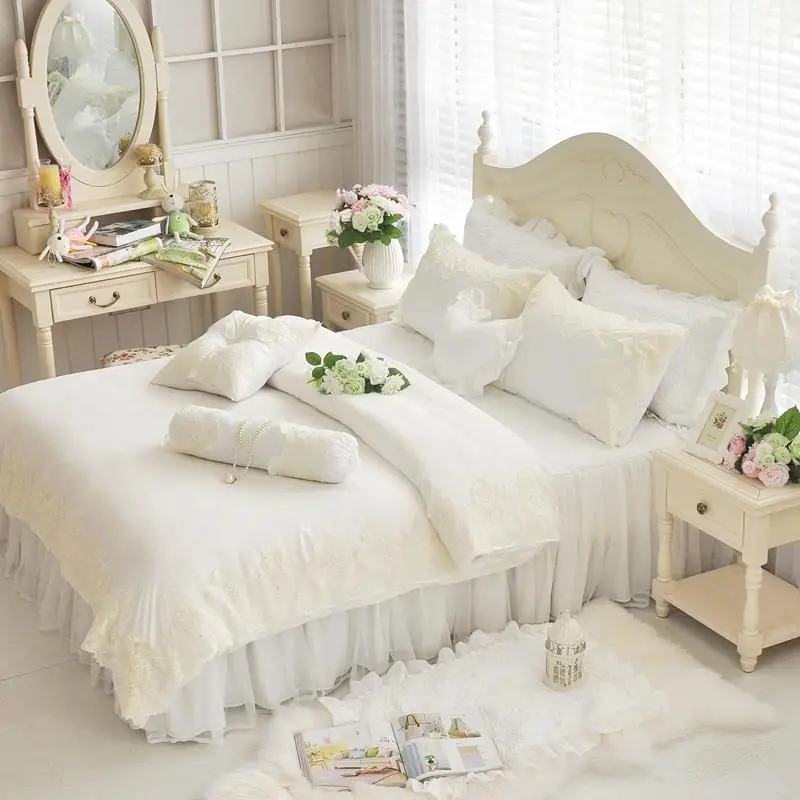 Beige Purple Blue Girls Kids bedding set twin queen king size bed silk cotton lace soft bedclothes skirt duvet cover | Дом и сад