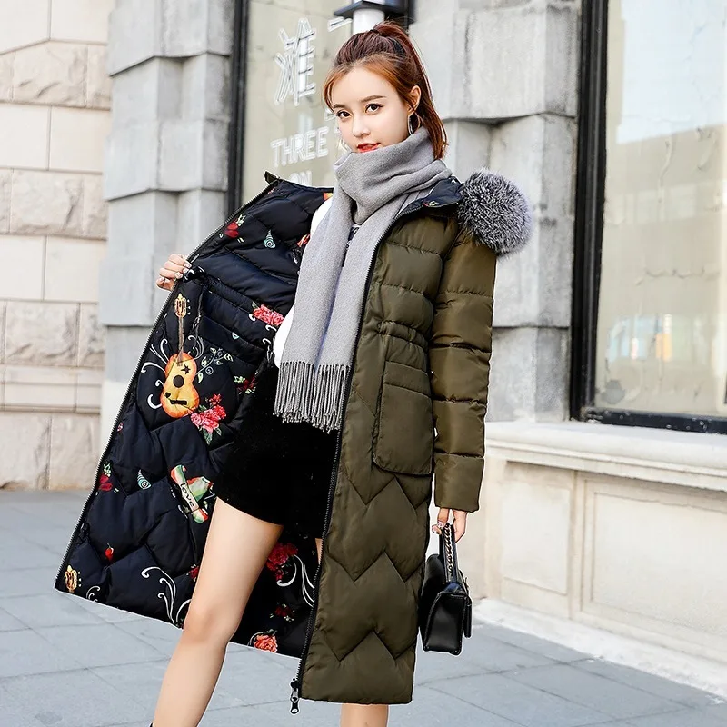 Both Two Sides Can Be Wore 2019 New Arrival Women Winter Jacket With Fur Hooded Long Padded Female Coat Outwear Print Parka -85 |